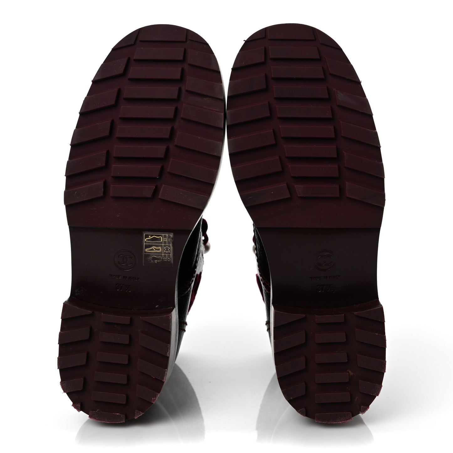 Calfskin Velvet Pearl Combat Short Boots 37.5 Burgundy