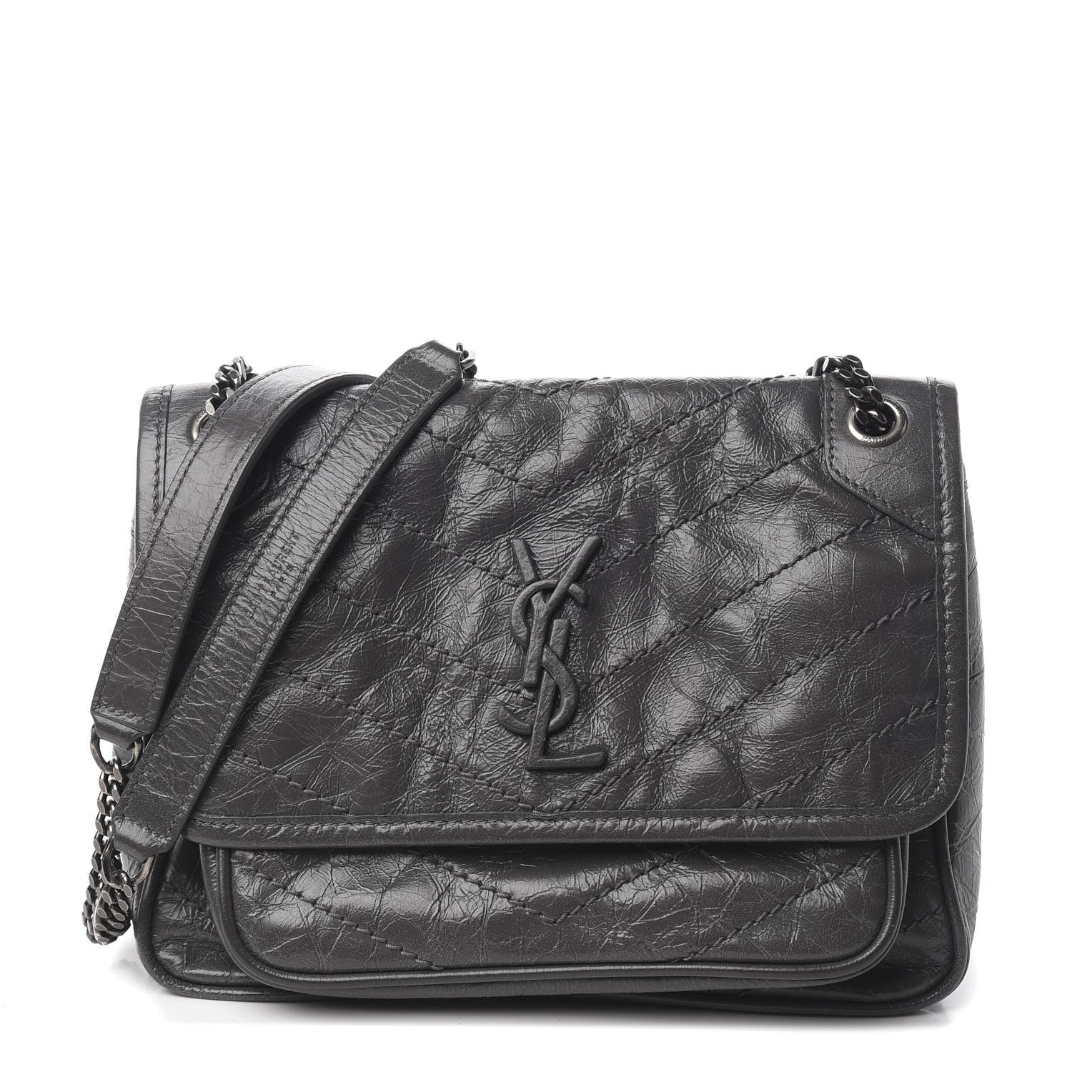 Saint Laurent Crinkled Calfskin Matelasse Monogram Baby Niki Chain Satchel Storm 1 of 8