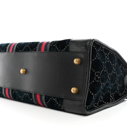 Gucci Velvet GG Monogram Textured Calfskin Web Medium Duffle Bag Blue Beige Black 9 of 11
