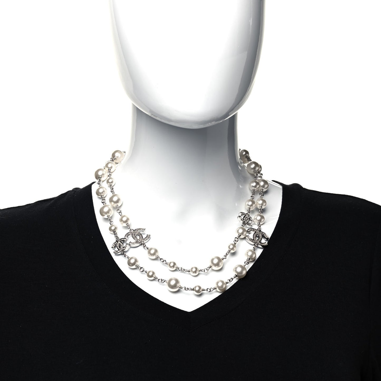 Crystal Pearl CC Long Necklace Silver