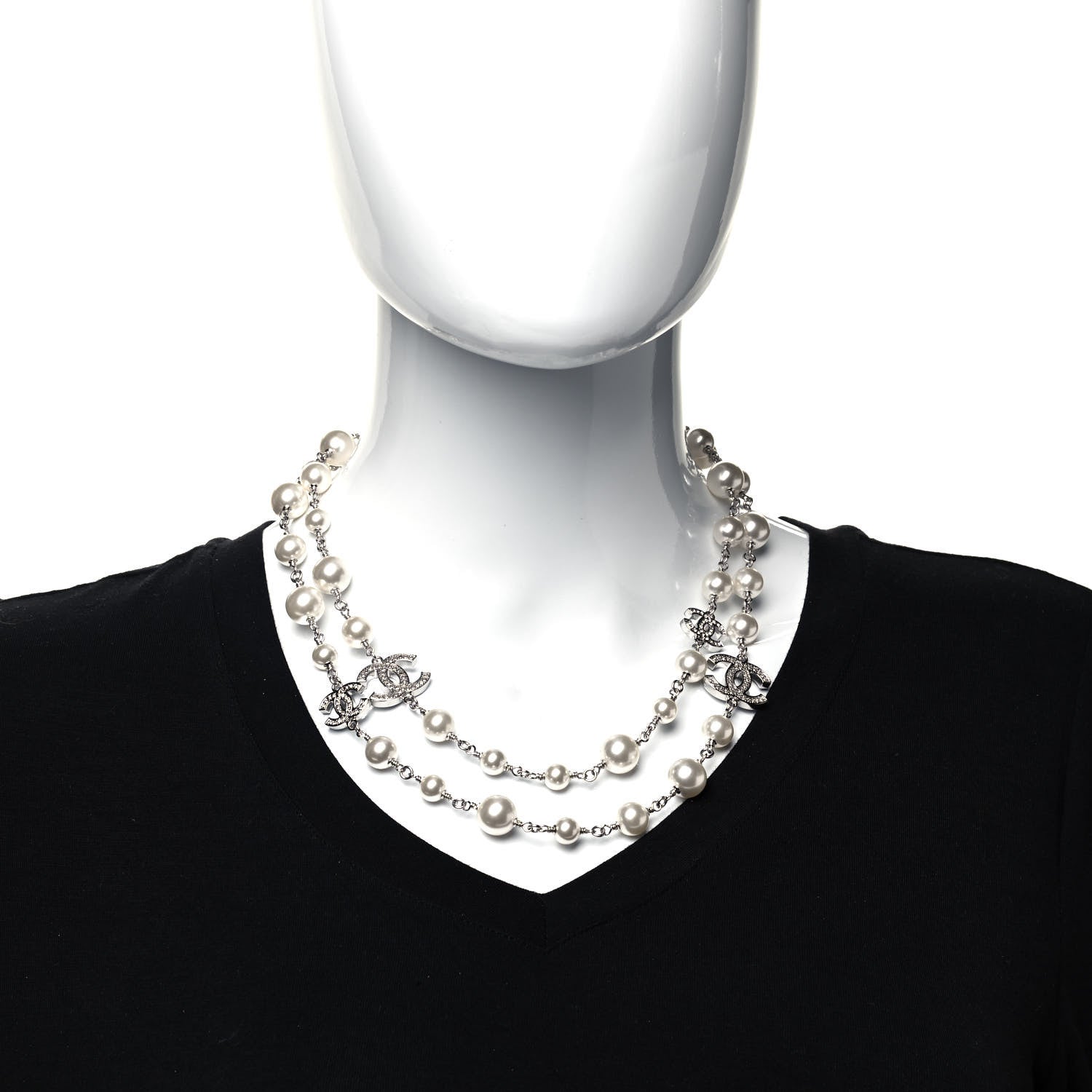 Chanel Crystal Pearl CC Long Necklace Silver 2 of 4