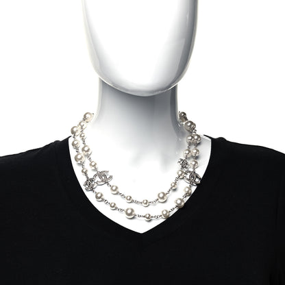 Chanel Crystal Pearl CC Long Necklace Silver 2 of 4