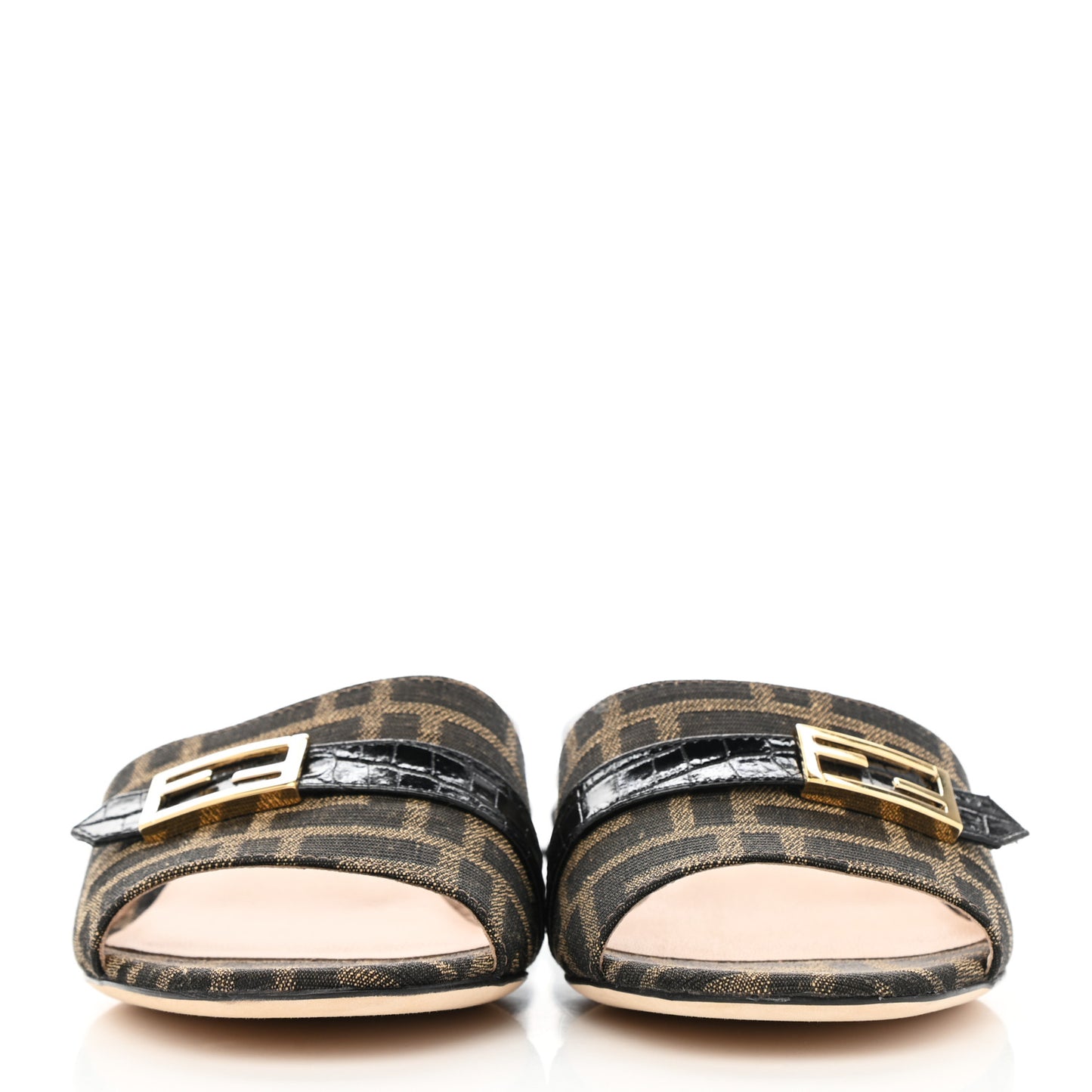 Jacquard Calfskin FF Crocodile Embossed Promenade Slide Sandals 35.5 Tobacco Moro Black