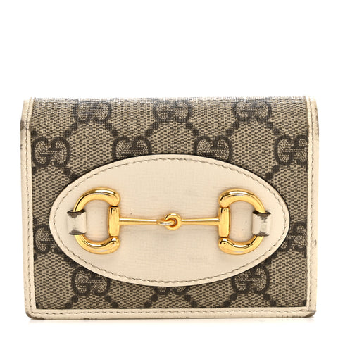GG Supreme Monogram Azalea Calfskin Horsebit 1955 Card Case Wallet Beige Ebony Mystic White