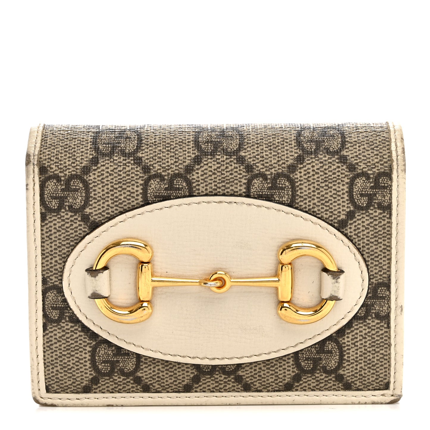 GG Supreme Monogram Azalea Calfskin Horsebit 1955 Card Case Wallet Beige Ebony Mystic White