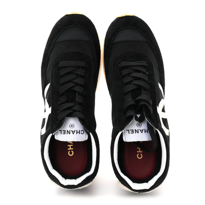 Chanel Mesh Suede Calfskin Womens Logo Sneakers 38 Black White 2 of 9