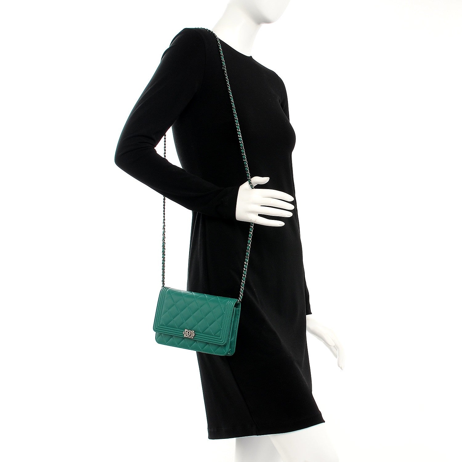 Chanel Lambskin Quilted Boy Wallet On Chain WOC Green 2 of 8