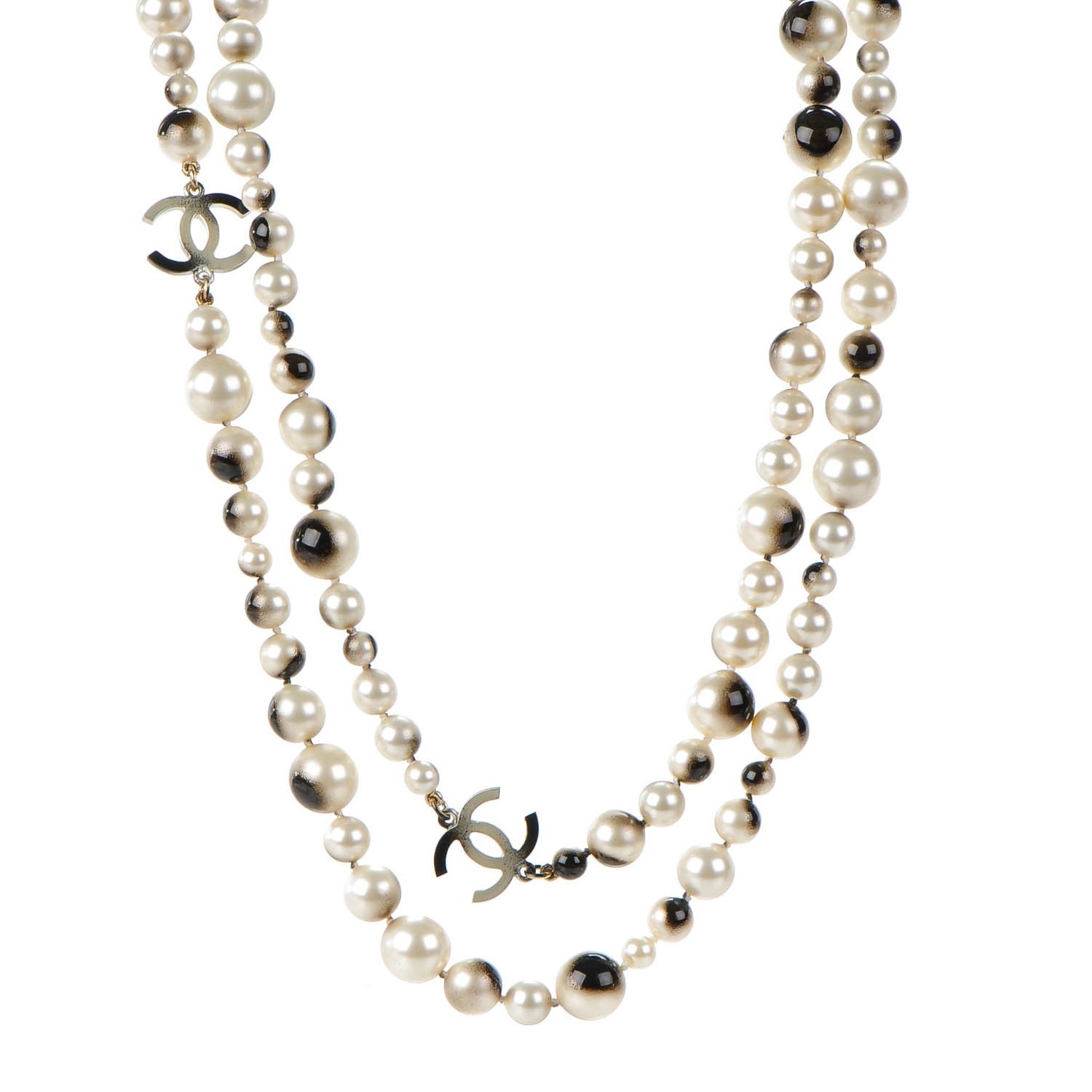 Chanel Graduated Pearl CC Long Necklace Silver Black 1 of 3