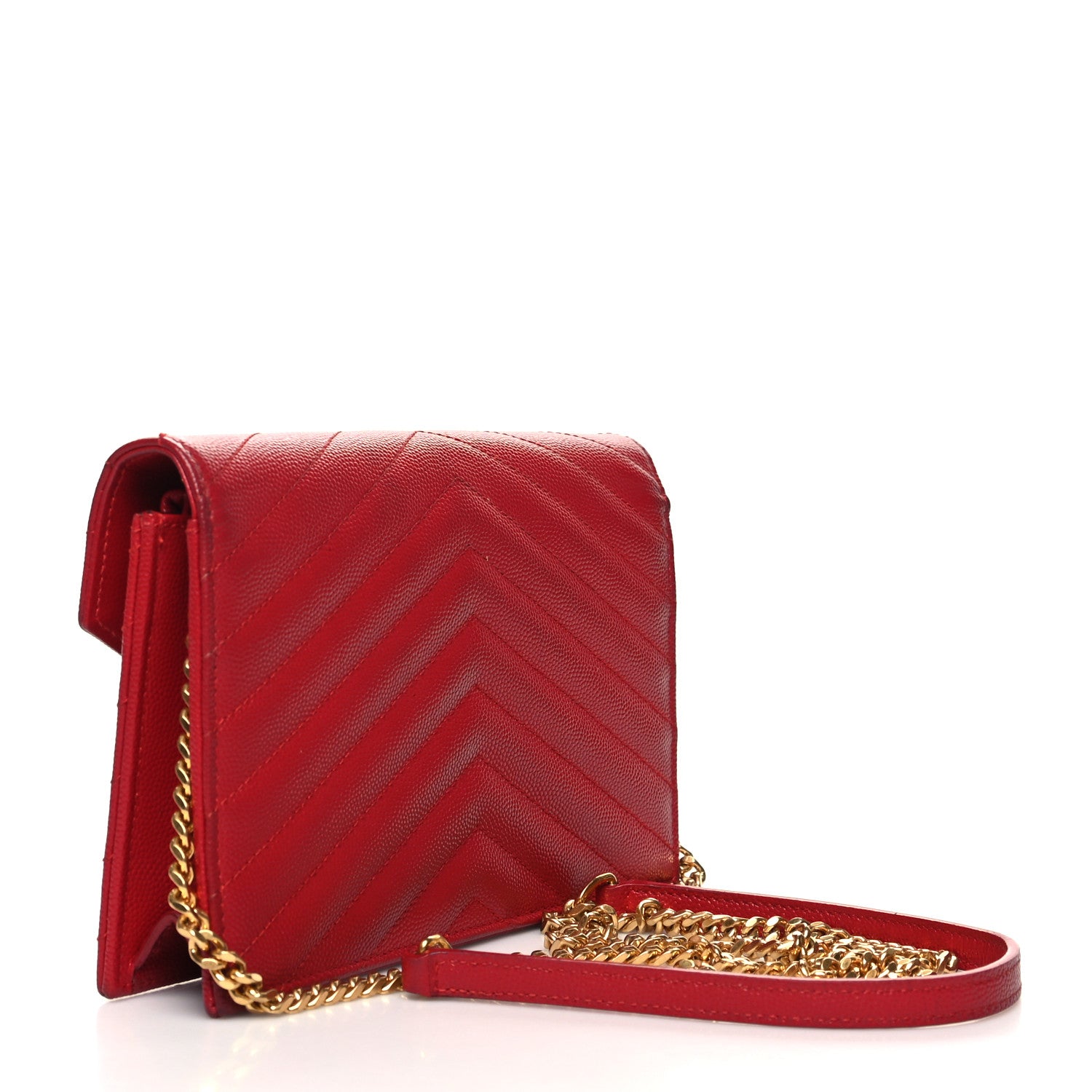 Saint Laurent Grain De Poudre Matelasse Chevron Monogram Envelope Chain Wallet New Red 3 of 18