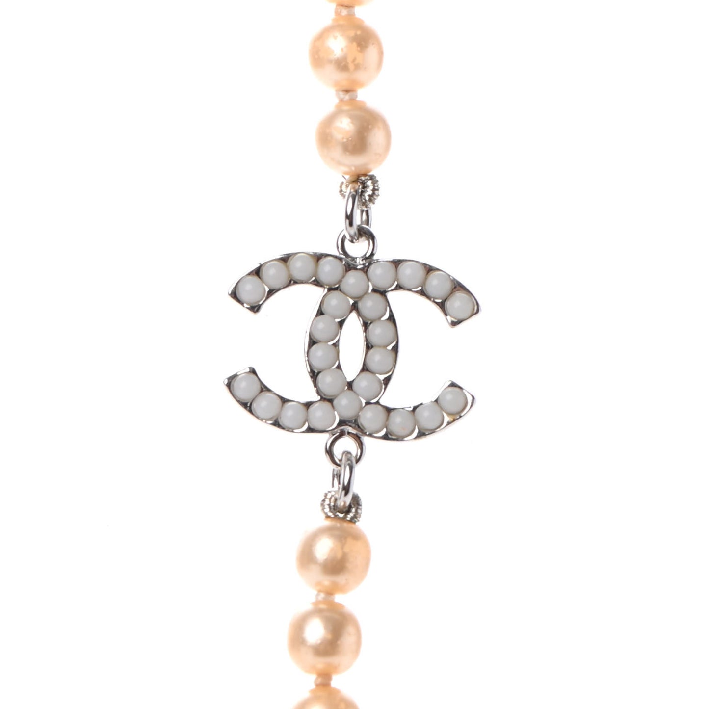 Graduated Pearl CC Long Necklace Silver