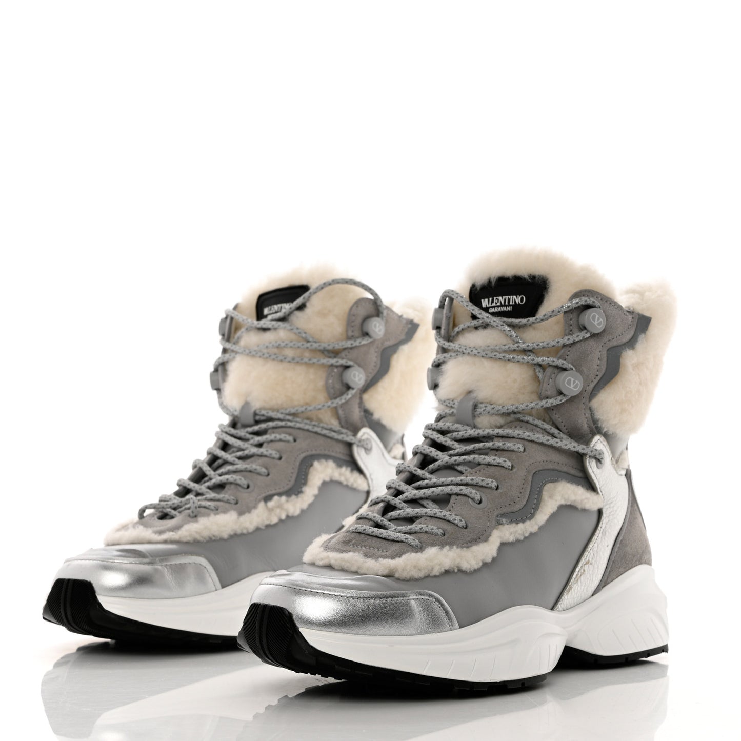 Metallic Calfskin Suede Shearling Shegoes High Top Sneakers 38 Argento