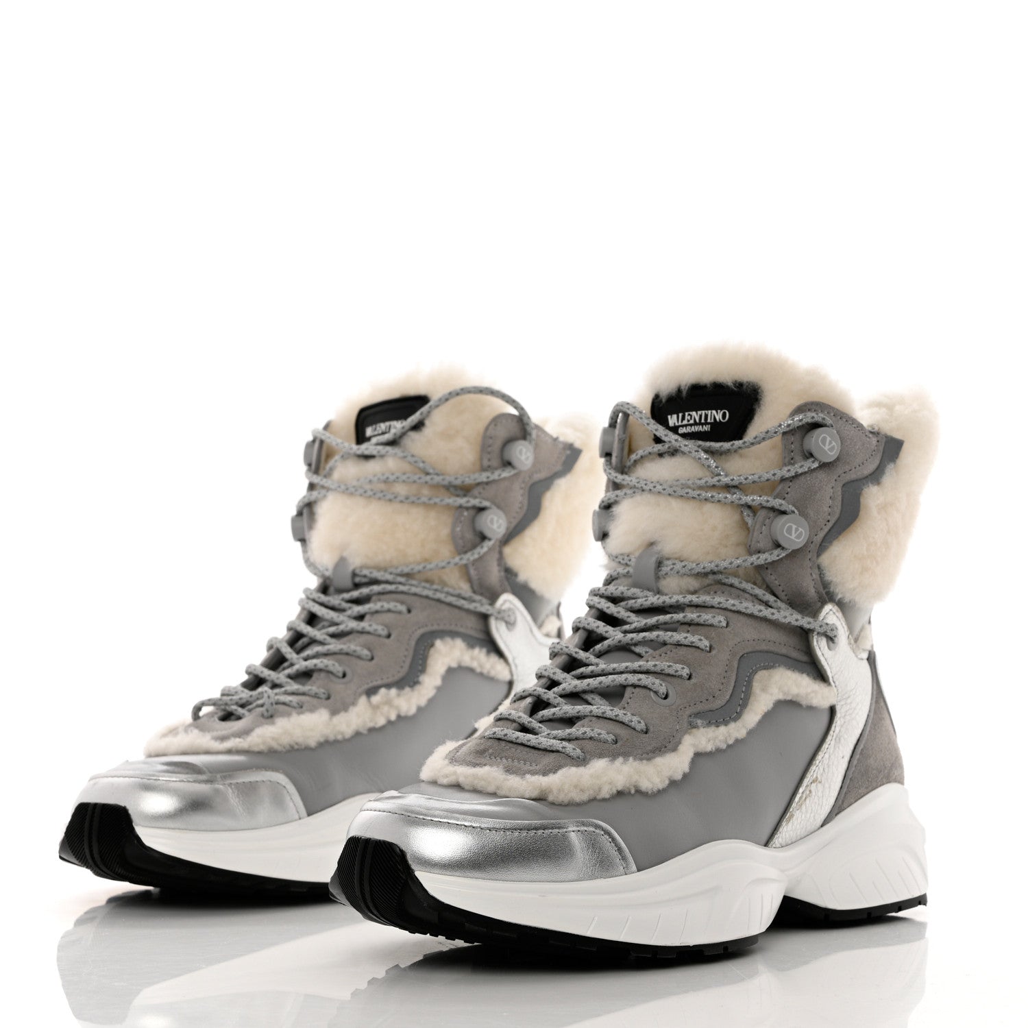 Valentino Garavani Metallic Calfskin Suede Shearling Shegoes High Top Sneakers 38 Argento 3 of 9