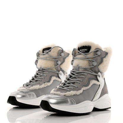 Valentino Garavani Metallic Calfskin Suede Shearling Shegoes High Top Sneakers 38 Argento 3 of 9