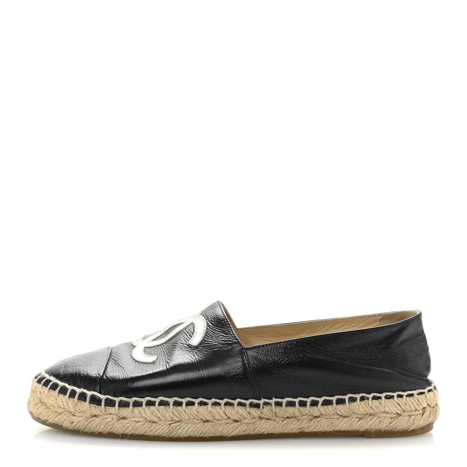 Chanel Patent Calfskin Metallic Goatskin CC Espadrilles 36 Black Silver 1 of 11