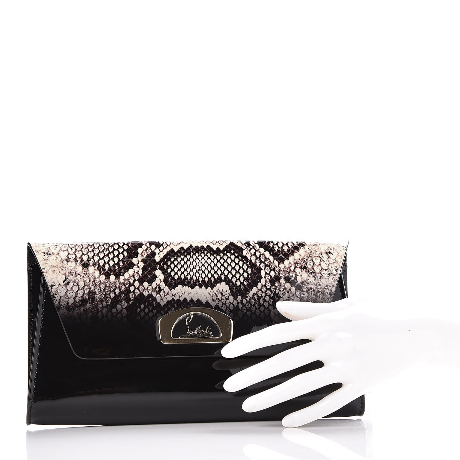 Christian Louboutin Patent Degrade Snakeskin Printed Vero Dodat Clutch Black Ivory 2 of 8