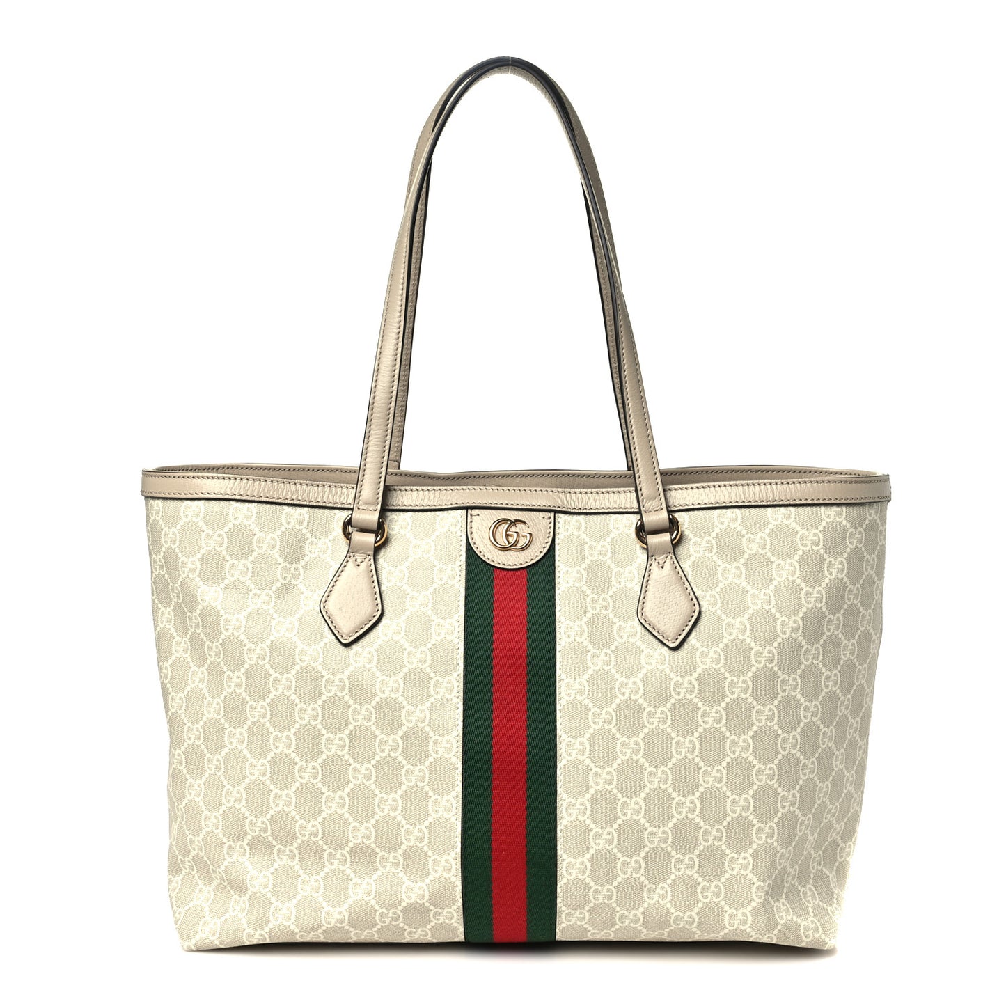 GG Supreme Monogram Textured Dollar Calfskin Web Medium Ophidia Shopping Tote Beige Mystic White Oatmeal