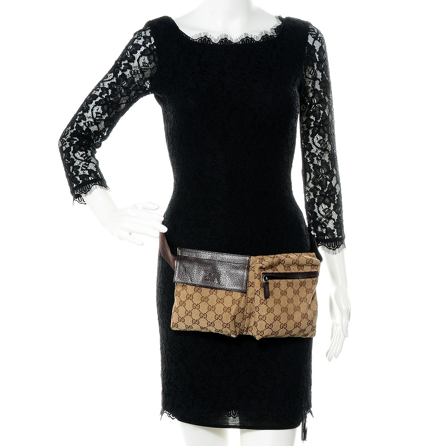 GG Monogram Web Double Pocket Belt Bag Dark Brown