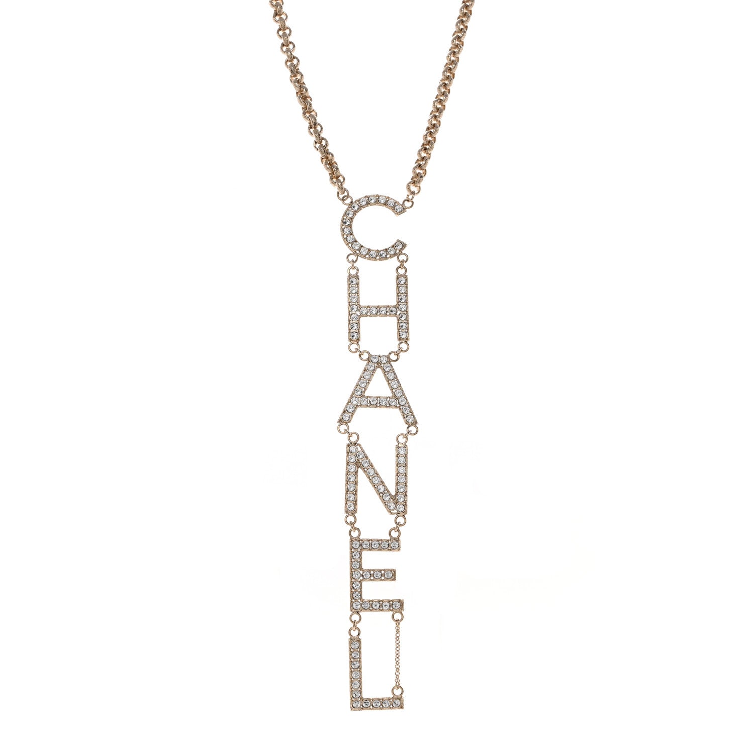 Chanel Metal Crystal Cha-Nel Logo Necklace Gold 1 of 5