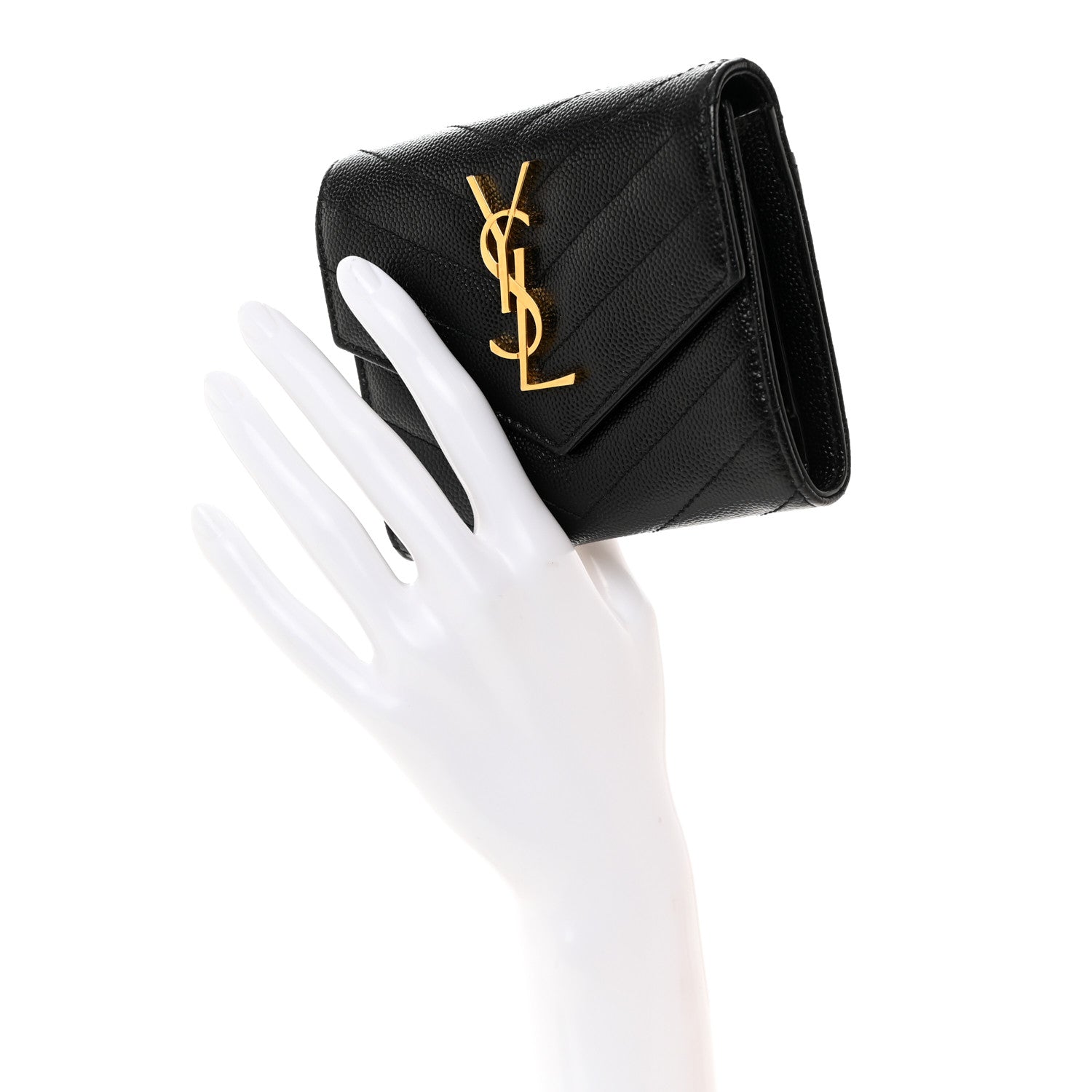 Saint Laurent SAINT LAURENT Grain De Poudre Matelasse Chevron Monogram Compact Tri Fold Wallet Black 2 of 9