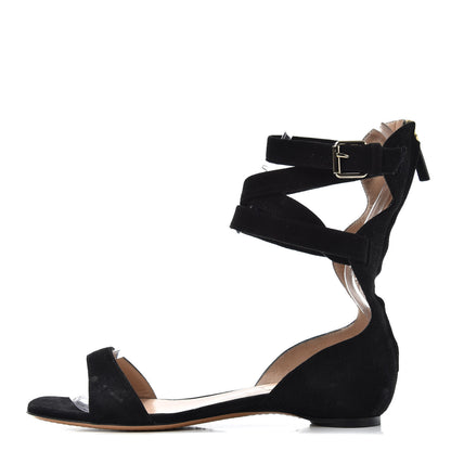 Valentino Garavani Suede Caged Ankle Strap Flat Sandals 37 Black 1 of 10