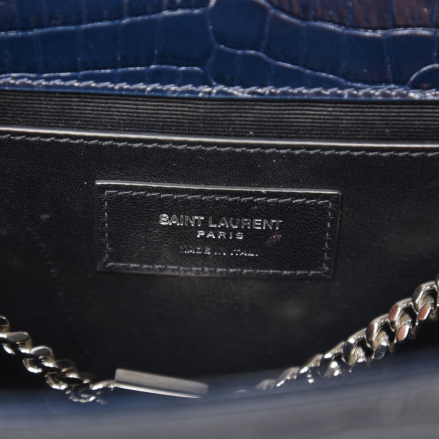 Calfskin Crocodile Embossed Medium Classic Monogram Kate Tassel Satchel Blue Sapphire