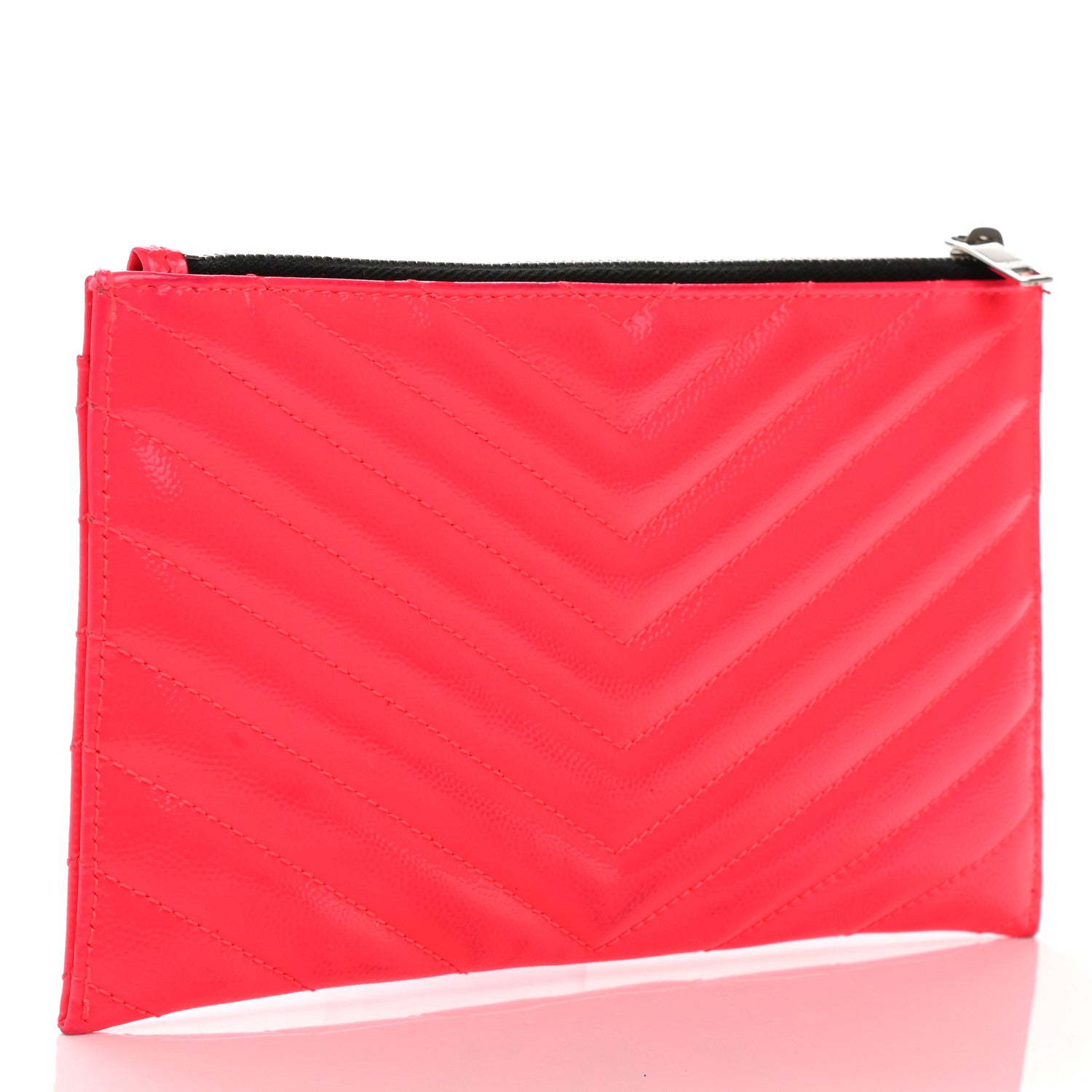 Saint Laurent Patent Grain De Poudre Matelasse Chevron Monogram Bill Pouch Neon Pink 3 of 12