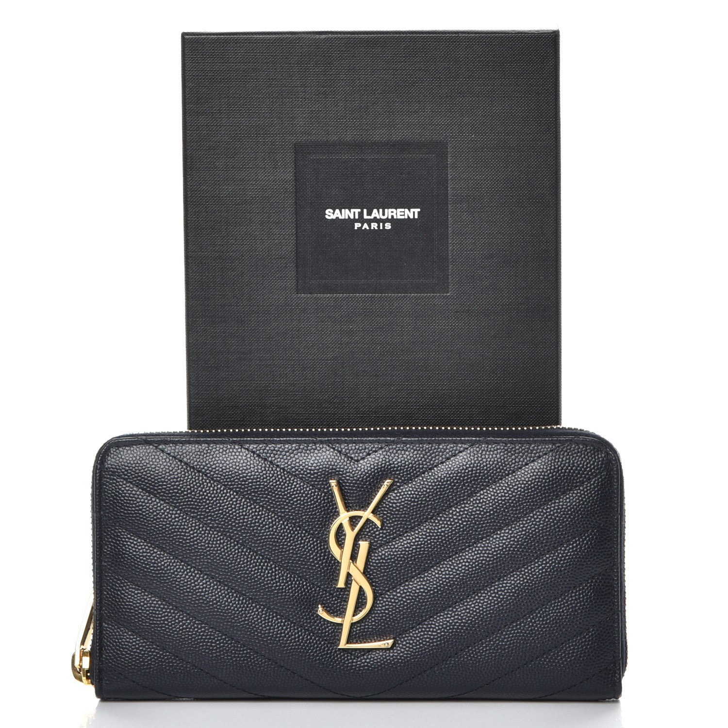 Saint Laurent Grain De Poudre Matelasse Chevron Monogram Zip Around Wallet Deep Marine 9 of 9