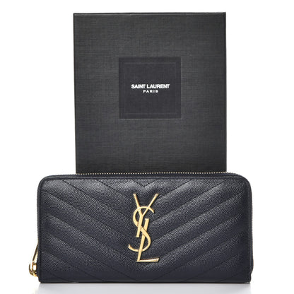 Saint Laurent Grain De Poudre Matelasse Chevron Monogram Zip Around Wallet Deep Marine 9 of 9