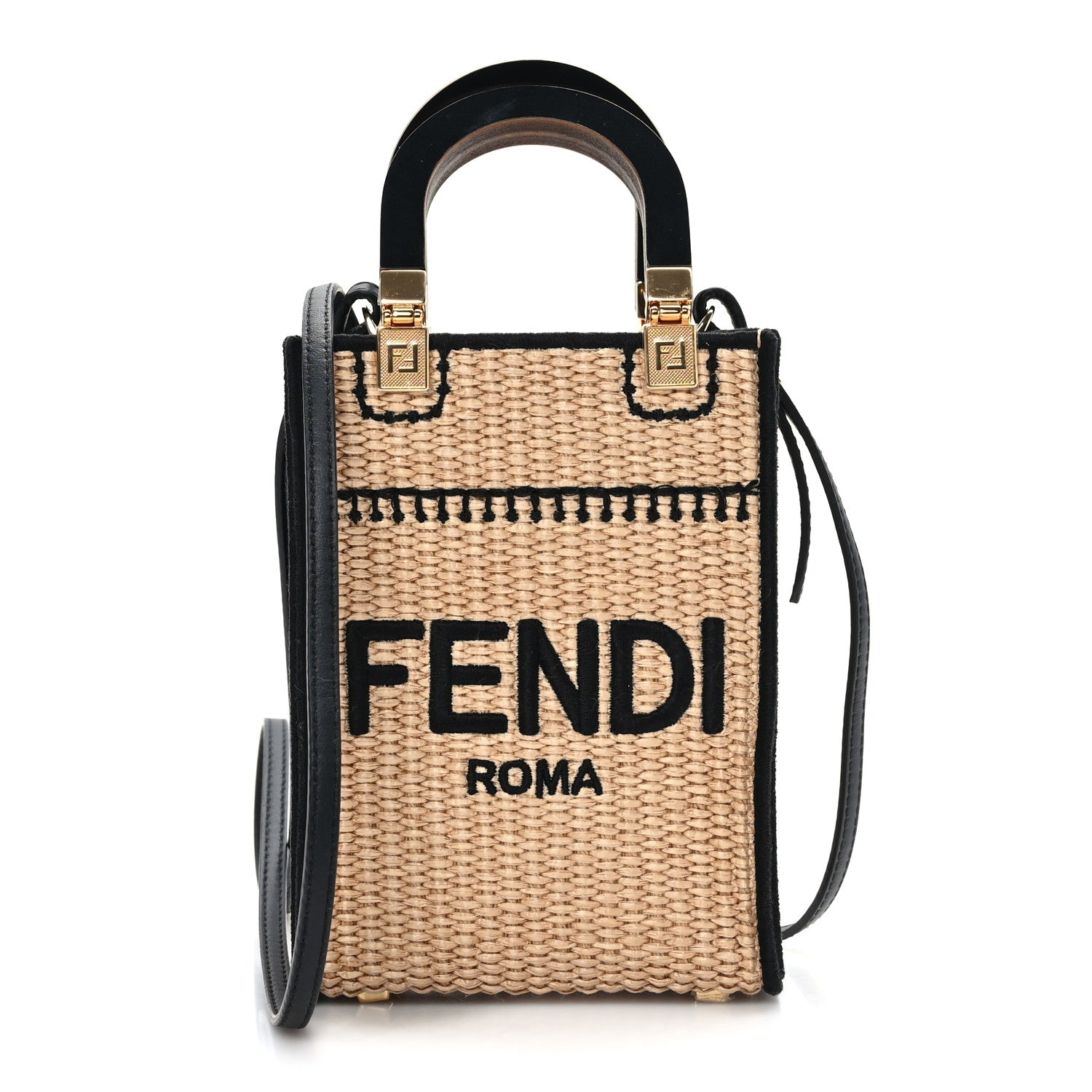 Fendi Straw Vitello Grace Cuoio Logo Braided Embroidered Mini Sunshine Shopper Natural Black 1 of 9