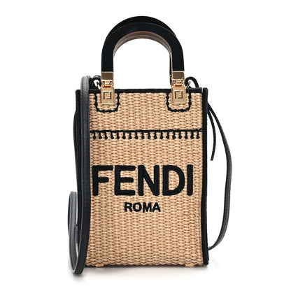 Fendi Straw Vitello Grace Cuoio Logo Braided Embroidered Mini Sunshine Shopper Natural Black 1 of 9