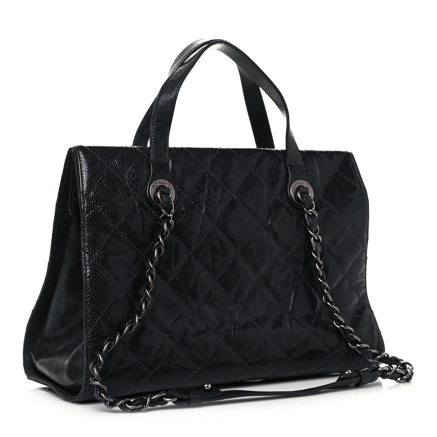 Crumpled Grained Calfskin Quilted CC Crave Tote Black