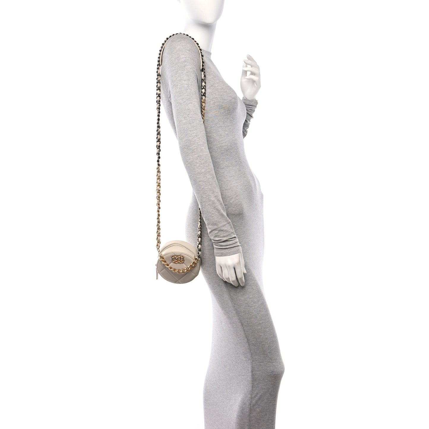 Lambskin Quilted Chanel 19 Round Clutch With Chain Beige