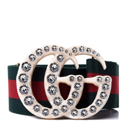 Gucci Elastic Web Crystal Embellished Plexiglass GG Marmont Belt 80 32 Red Green 3 of 4