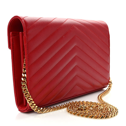 Saint Laurent Grain De Poudre Matelasse Chevron Monogram Chain Wallet Red 2 of 9