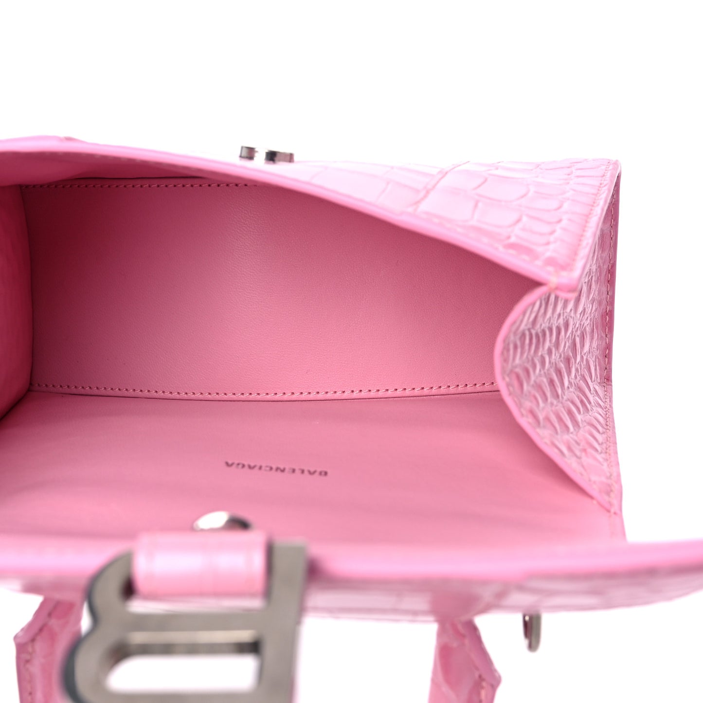 Shiny Calfskin Crocodile Embossed Hourglass Top Handle Bag XS Pink