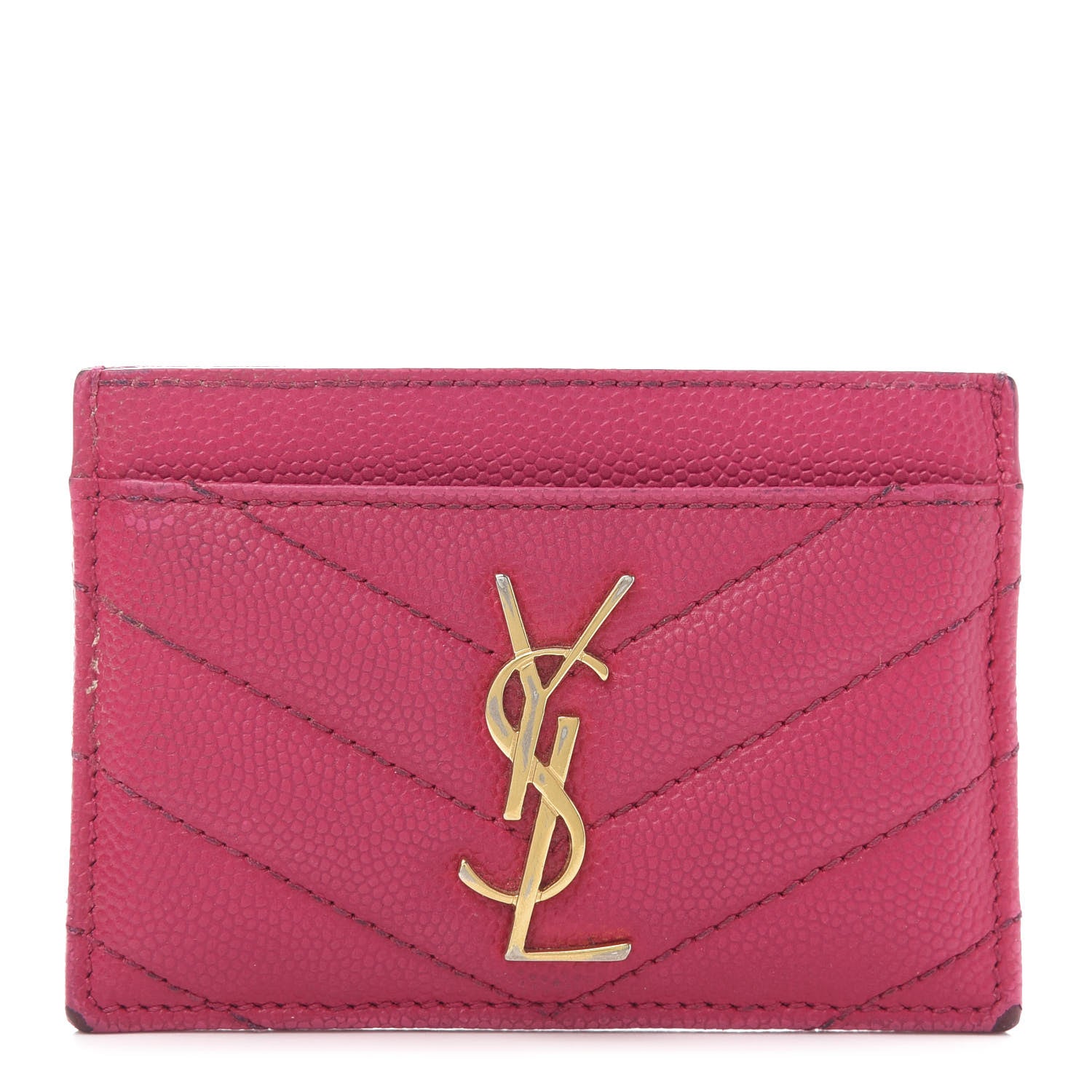 Saint Laurent Grain De Poudre Matelasse Chevron Monogram Credit Card Case Lipstick Fuchsia 1 of 10