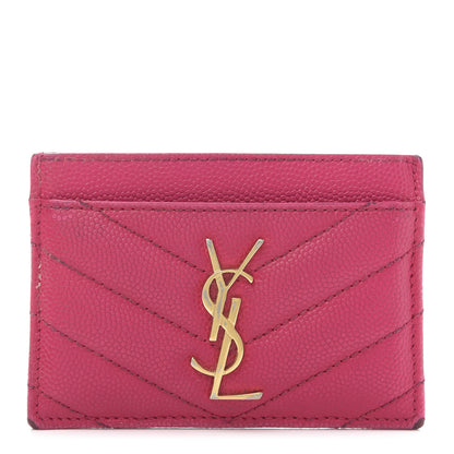 Saint Laurent Grain De Poudre Matelasse Chevron Monogram Credit Card Case Lipstick Fuchsia 1 of 10