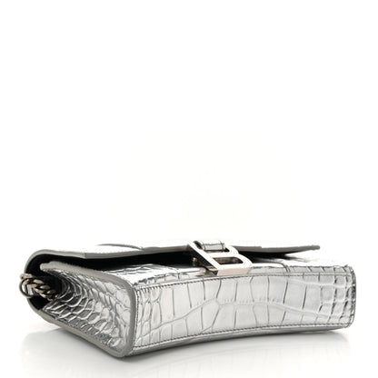 Balenciaga Metallic Calfskin Crocodile Embossed Hourglass Chain Bag Silver 4 of 10