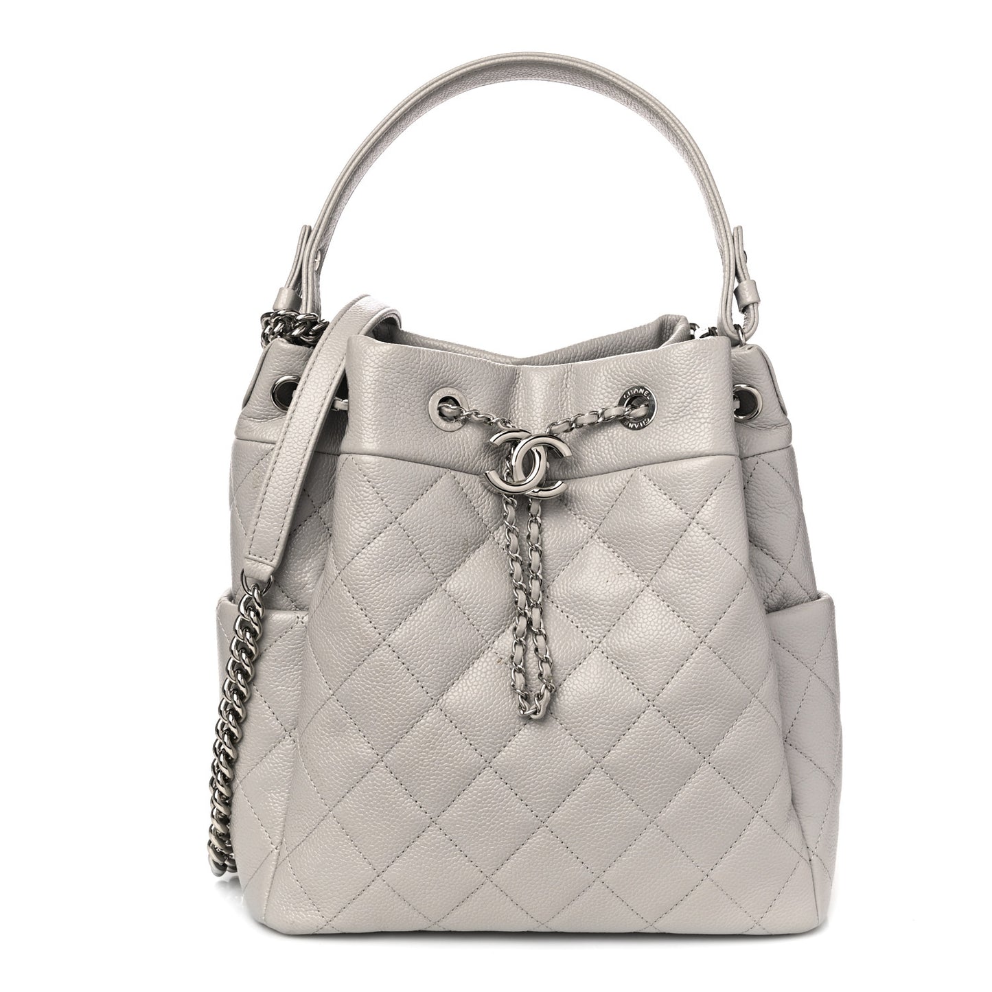 Caviar Flat Quilted CC Chain Bucket Drawstring Bag Light Grey