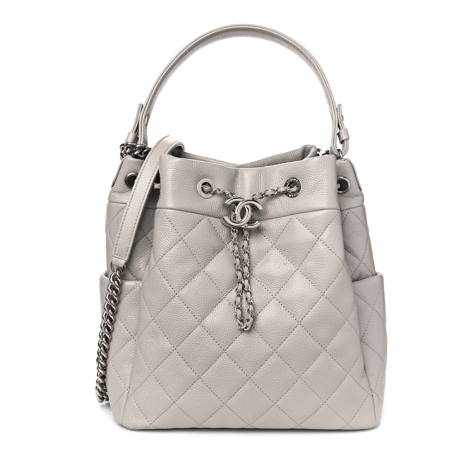 Chanel Caviar Flat Quilted CC Chain Bucket Drawstring Bag Light Grey 1 of 10