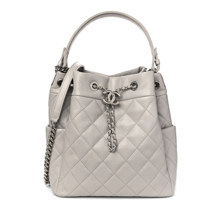 Chanel Caviar Flat Quilted CC Chain Bucket Drawstring Bag Light Grey 1 of 10