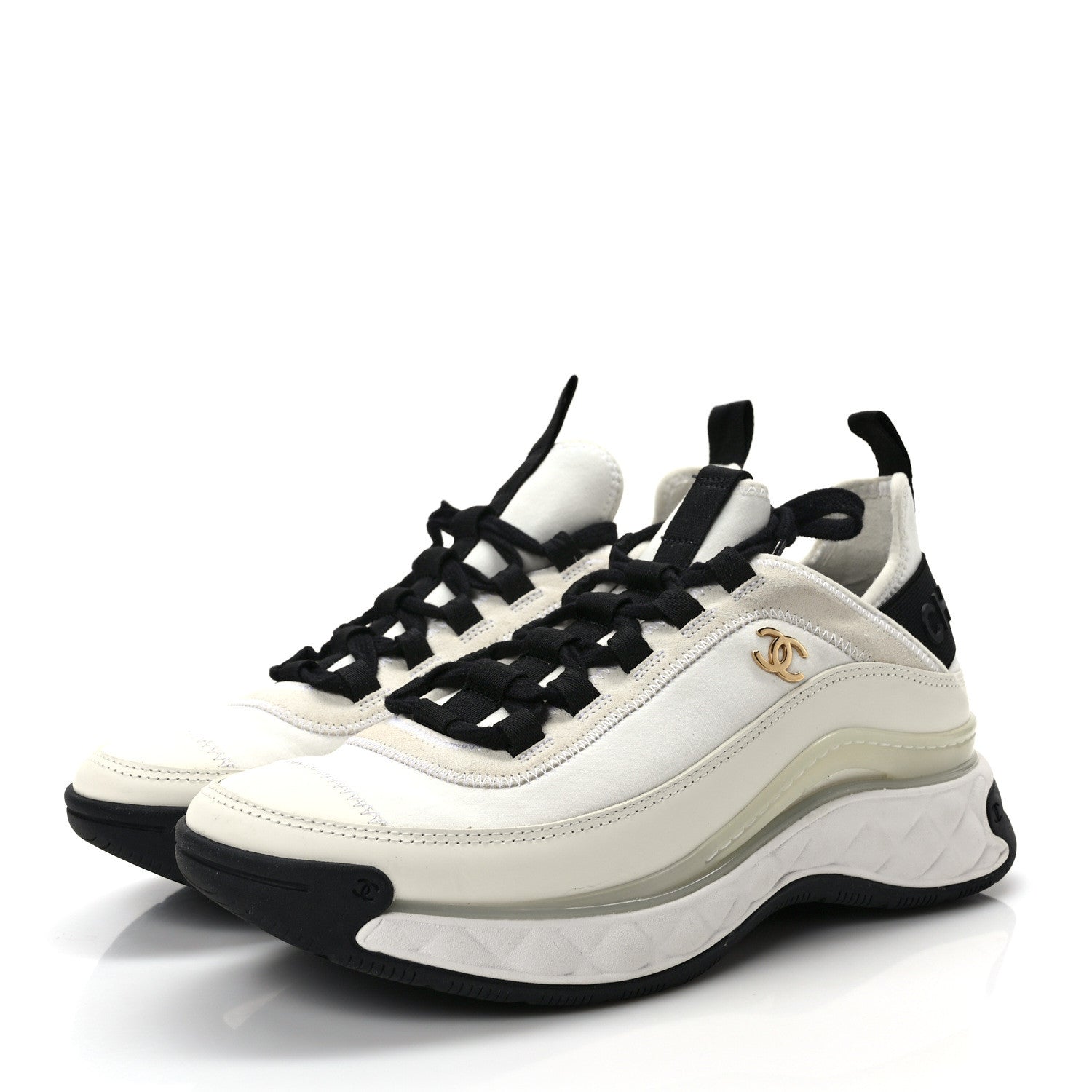 Chanel Velvet Calfskin Mixed Fibers CC Sneakers 38 Ivory Black 3 of 10