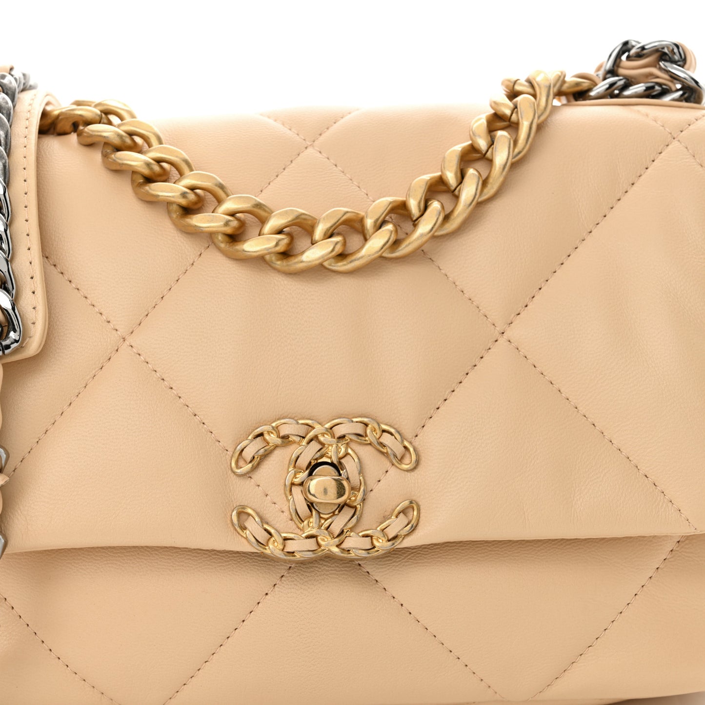 Shiny Goatskin Quilted Medium Chanel 19 Flap Beige