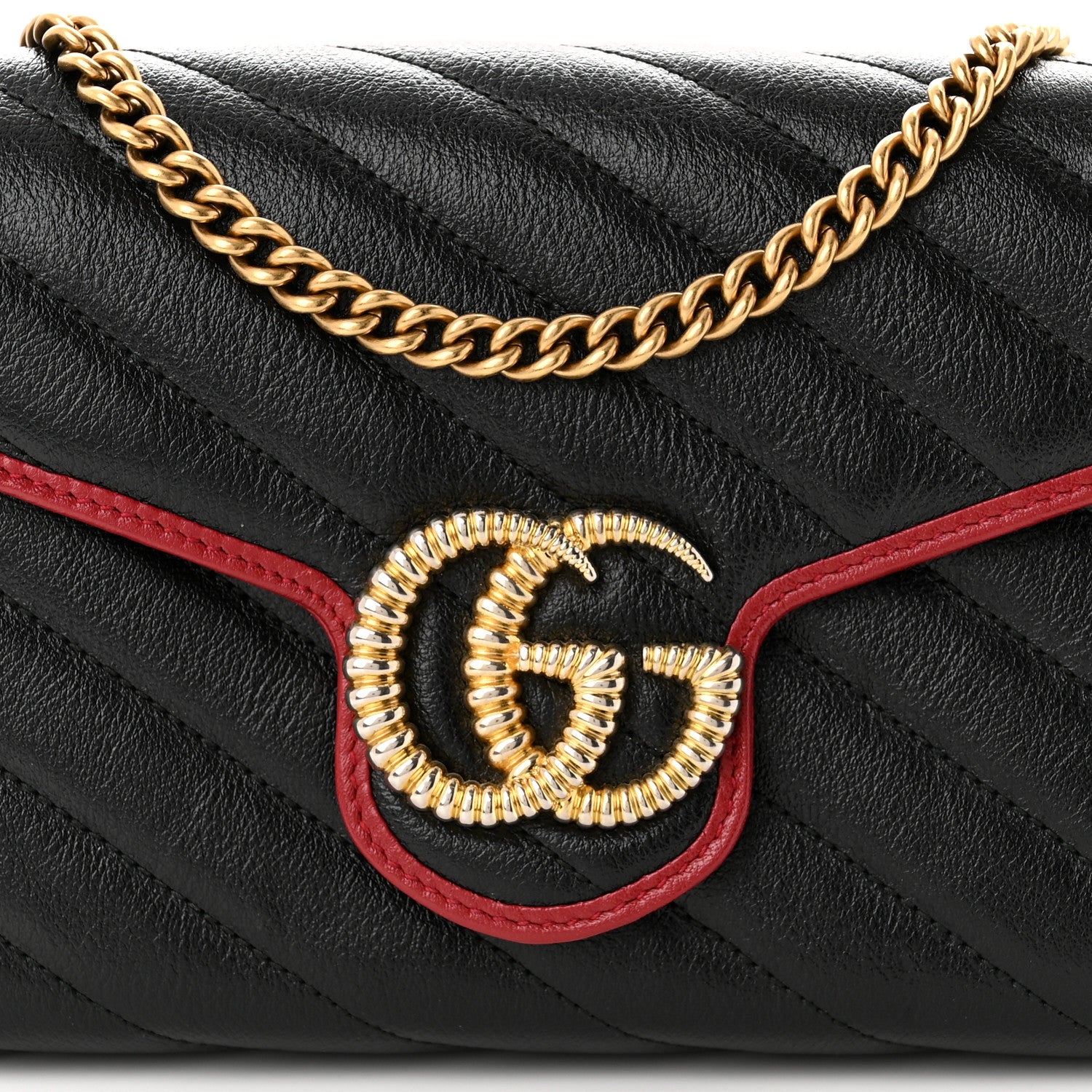 Gucci Vintage Effect Calfskin Matelasse Diagonal Torchon GG Marmont Chain Wallet Black Romantic Cherry 8 of 11