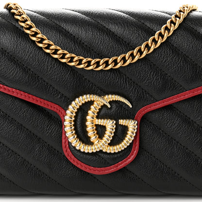 Gucci Vintage Effect Calfskin Matelasse Diagonal Torchon GG Marmont Chain Wallet Black Romantic Cherry 8 of 11