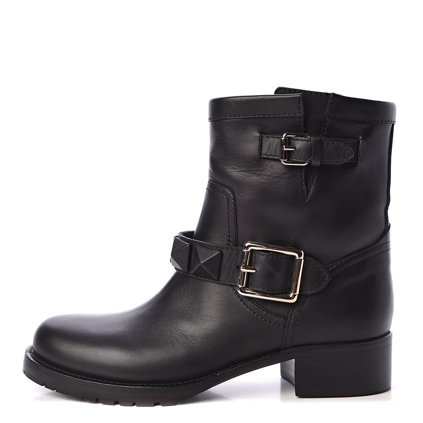 Calfskin Lock Studded 30mm Biker Boots 37 Black