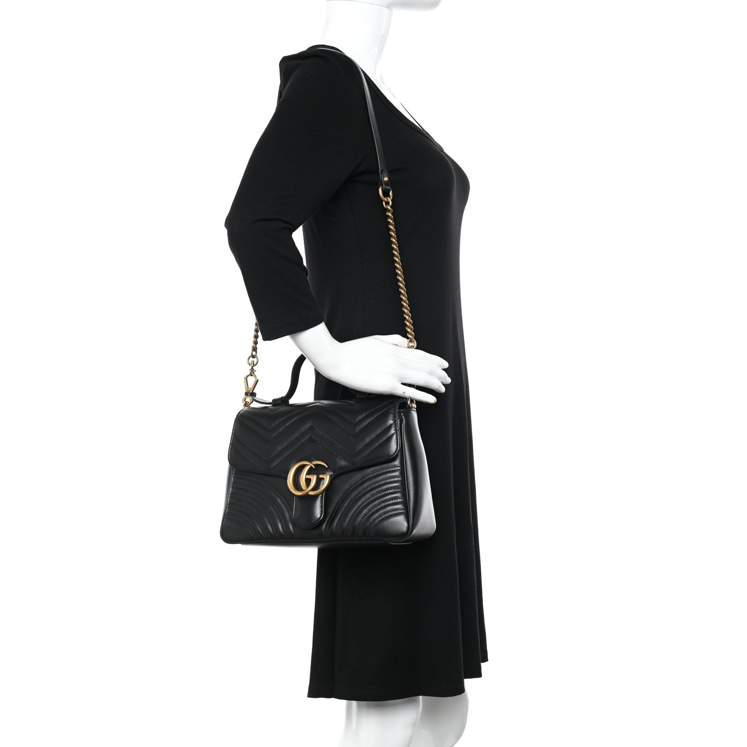 Gucci Calfskin Matelasse Small GG Marmont Top Handle Shoulder Bag Black 2 of 10