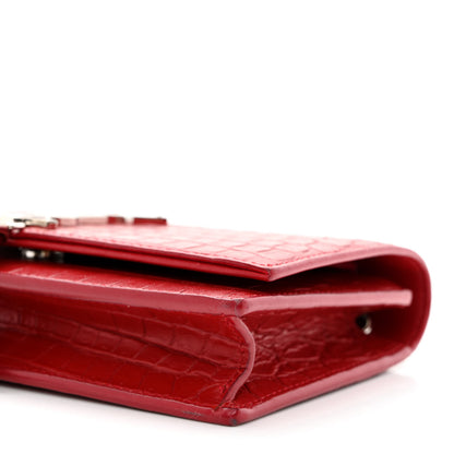Saint Laurent Calfskin Crocodile Embossed Kate Monogram Tassel Chain Wallet Rouge Eros 11 of 14