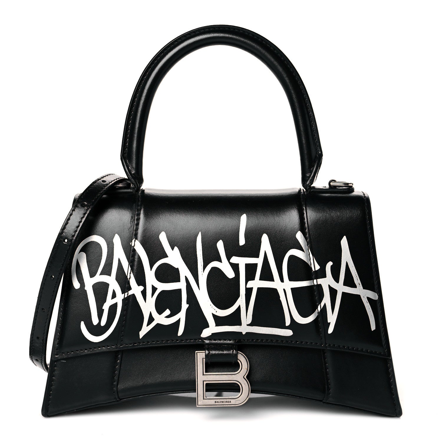 Balenciaga Shiny Box Calfskin Graffiti Logo Small Hourglass Top Handle Bag Black Silver 1 of 11