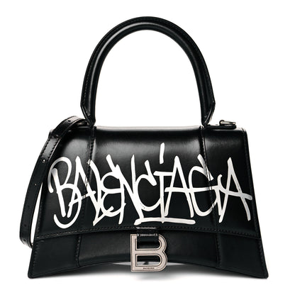 Balenciaga Shiny Box Calfskin Graffiti Logo Small Hourglass Top Handle Bag Black Silver 1 of 11